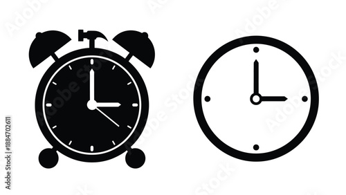 Simple black and white icons depicting a classic alarm clock and a wall clock