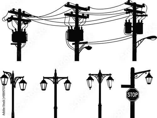 Street infrastructure silhouette illustration set, electric power poles and vintage street lamps collection, urban utility elements, black and white city vector design