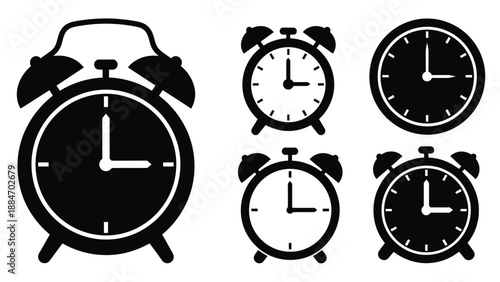 A collection of black and white clock and alarm clock icons