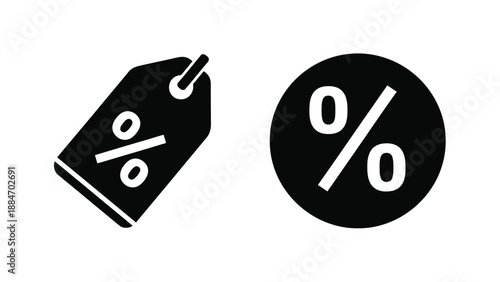 Black and white icons depicting a price tag and percentage symbol