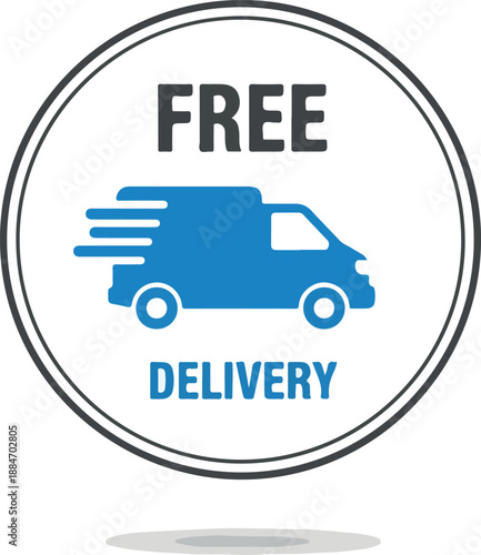 Free Delivery Icon A Blue Delivery Truck Emblem on a White Circle for Online Shopping and Services