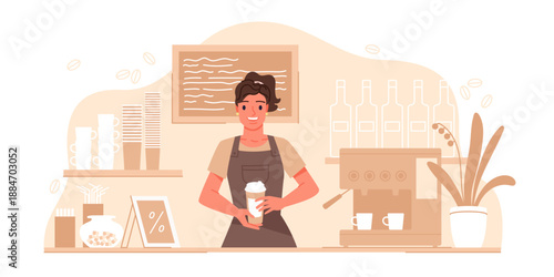 Young female barista holding coffee cup behind counter, surrounded by coffee machine, cups, and decor, modern cafe interior, isolated on white background vector illustration