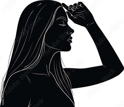 Black and white of a woman with long hair touching her head silhouette