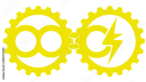 Two interlocked gears, one with a smiley face, the other containing a lightning bolt