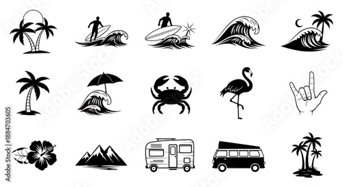 Nautical Beach Icon Set: Surfboards, Ocean Waves and Tropical Sun Vectors