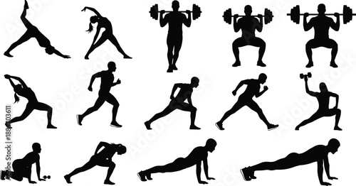 PrintFitness workout silhouette collection showing strength training, cardio exercises, stretching poses, athletic movement, healthy lifestyle, gym training, black isolated vector illustration