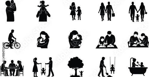 PrintFamily silhouette lifestyle collection showing parents and children walking, playing, caring, learning, outdoor and indoor activities, love, bonding, black isolated vector illustration