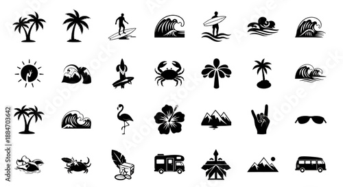 Tropical Island Lifestyle Icons: Summer Beach and Surfing Vector Graphics