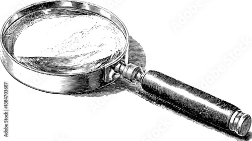 A black and white illustration of a magnifying glass with a round lens and a dark handle
