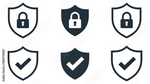 Security shield logotypes and symbols, including check mark and padlock designs, vector icons perfect for cybersecurity, user protection