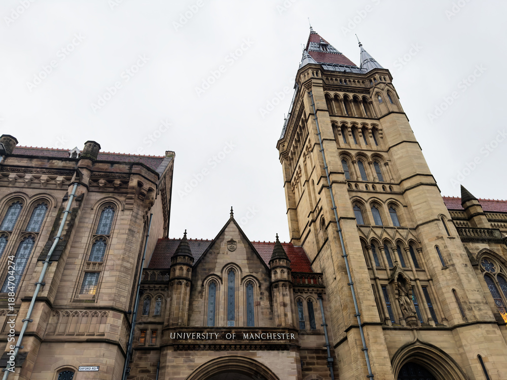 Obraz premium University of Manchester grand Gothic campus building with tower in Manchester UK