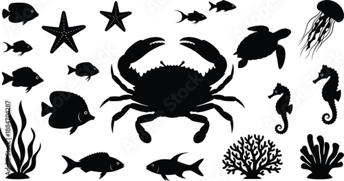 Black silhouettes of various sea creatures and underwater on white background