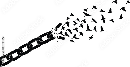 Black chain link breaking with birds flying out silhouette