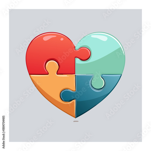 Heart Puzzle: A vibrant illustration of a heart composed of four interlocking puzzle pieces, symbolizing unity, connection, and the multifaceted nature of love.