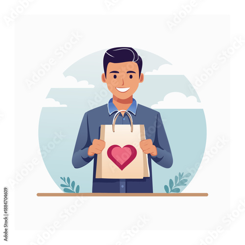 A Generous Offering: A smiling individual holds a gift bag adorned with a heart, symbolizing care and thoughtfulness.  The scene radiates warmth and the spirit of sharing.