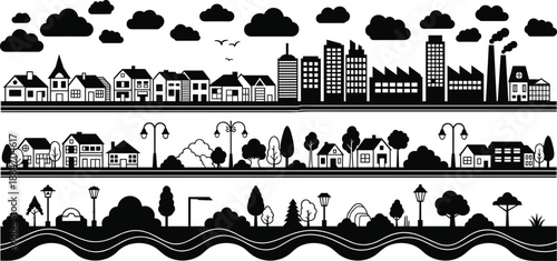 Black and white cityscape with suburban houses and industrial buildings skyline
