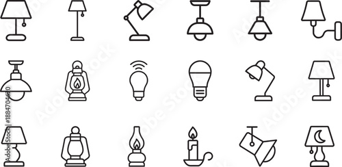 Lamp icon set in clean vector EPS style for lighting, home decor, furniture, ideas, web, UI, apps