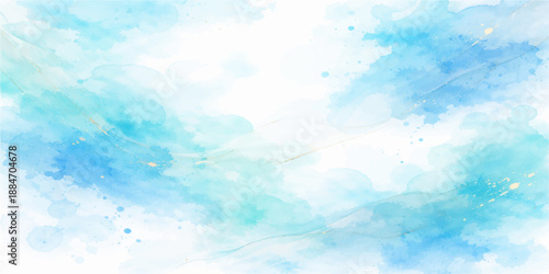 Beautiful abstract hand drawn blue watercolor background featuring soft white fluffy clouds in a bright summer sky atmosphere with clear sunlight and a nature inspired heavenly feel