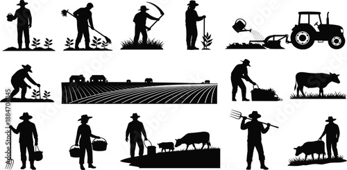 Black silhouettes of farmers working in fields with tools and livestock on white background