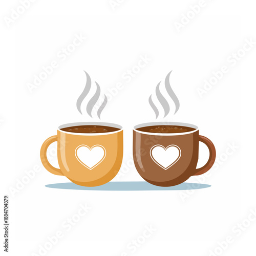Steaming Heartfelt Moment: A heartwarming depiction of two coffee mugs, each adorned with a loving heart, releasing gentle wisps of steam