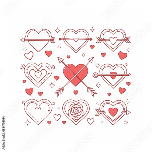 Hearts of Affection: A collection of heart-shaped illustrations, decorated with arrows, roses, and various outlines, expressing love and romance. 