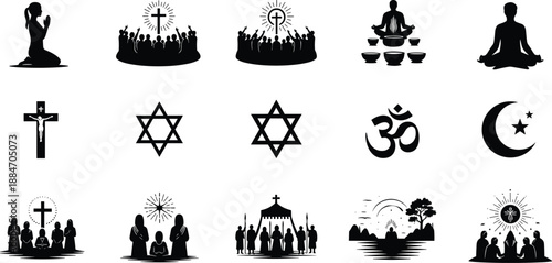 Black and white silhouette collection of religion and spiritual symbols including prayer and meditation