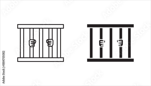 Prison icon se, Hands holding prison bars. Silhouette criminal man behind bars. vector illustration on white background. 