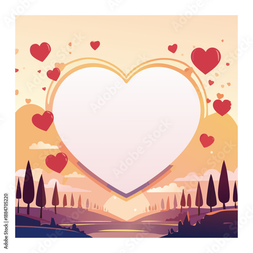Love's Embrace: A romantic illustration of a heart-shaped frame, delicately framed by a scenic landscape, evokes emotions of affection and endearment.