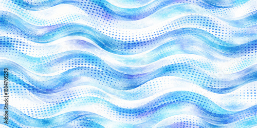 Seamless digital illustration of an abstract blue wave background featuring a flowing vector pattern of wavy lines and soft light curves for a modern motion art texture