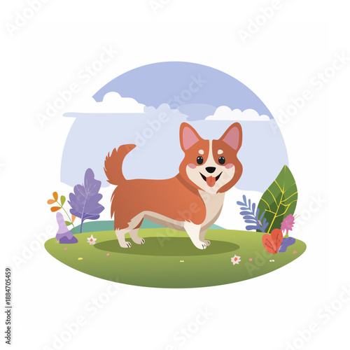 Playful Corgi: A cute Corgi puppy happily frolicking in a lush garden filled with green grass, flowers, and foliage, embracing the essence of joy and playfulness