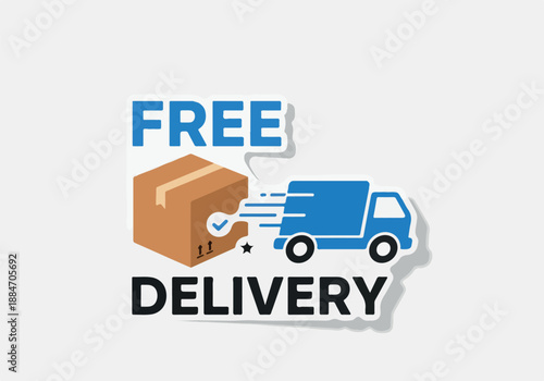 Free Delivery Sticker Box, Truck, and Checkmark Representing Complimentary Shipping Services