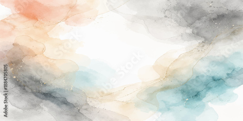 An abstract watercolor landscape of a beautiful blue sky and white clouds where sunlight filters through a soft atmosphere of ethereal fog over a serene ocean