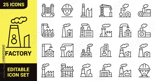 Factory and construction icon set with industrial buildings, machinery, gears, cranes, robotic arms, safety tools, infrastructure and automation