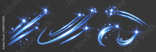 Abstract blue glowing light trails with sparkles on dark transparent background.

