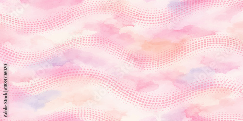 Abstract pink background illustration featuring a digital wave pattern with halftone dots and flowing light lines for a modern technology wallpaper design