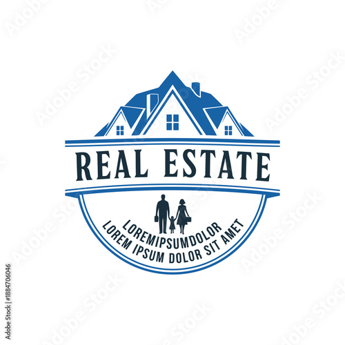 Real Estate Logo with Family Silhouette - House Emblem for Property Investment, Home Buying, and Realty Services