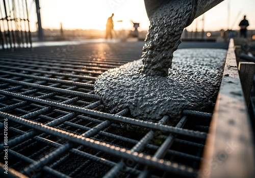 Pouring fresh wet concrete mixture onto a dense steel rebar grid mesh at a commercial construction site, heavy foundation work during a stunning golden hour sunset