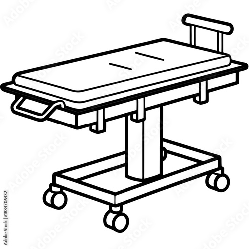 Operating table in medical environment with wheels and sterile surface  