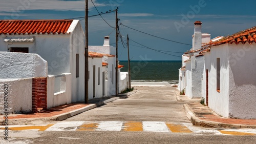 Idyllic Seaside Village Street Leading to the Ocean on a Bright Sunny Day