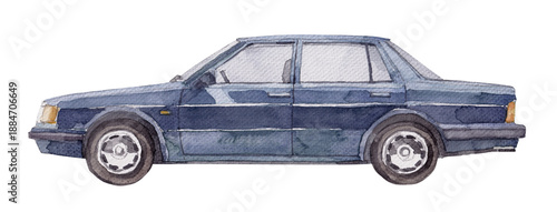 Foto Hand-Painted Watercolor Illustration of a Blue Vintage Sedan Car: Side View Isol