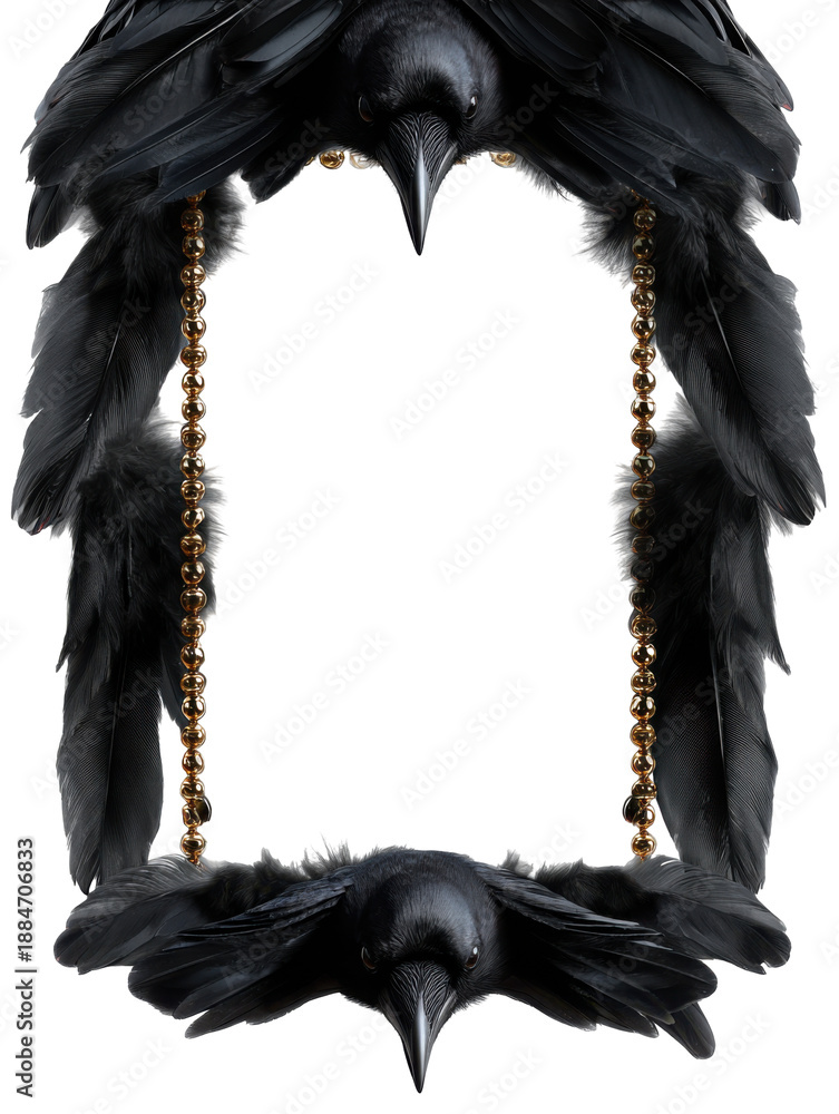Naklejka premium Artistic frame with ravens and gold beads