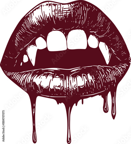 "Vampire Lips with Blood Dripping – Gothic Fang Mouth Illustration, Horror Art, Sexy Halloween Vampire Bite Drawing for Tattoos, Posters, and Dark Fantasy Designs"