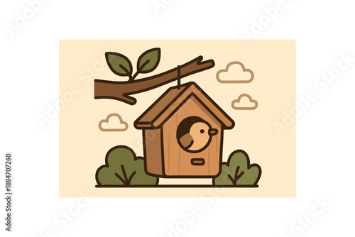 Flat vector illustration of birdhouse hanging on branch with little bird peeking soft earth day cozy eco style