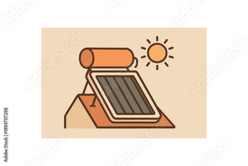 Flat vector illustration of rooftop solar water heater tank with sun icon soft earth day cozy eco style
