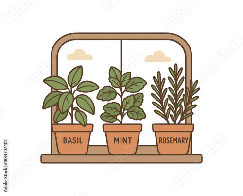 Flat vector illustration of potted herb trio on windowsill basil mint rosemary soft earth day cozy eco style