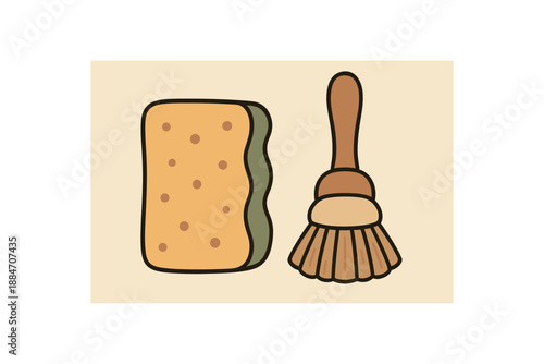 Flat vector illustration of reusable cleaning sponge and wooden dish brush pair soft earth day cozy eco style
