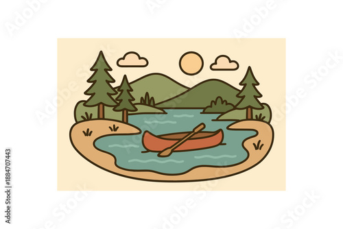 Flat vector illustration of tiny lake with canoe and clean water waves soft earth day cozy eco style