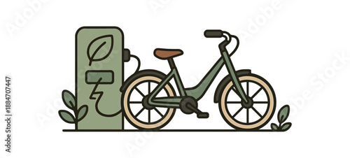 Flat vector illustration of electric bike charging at small station with leaf sign soft earth day cozy eco style
