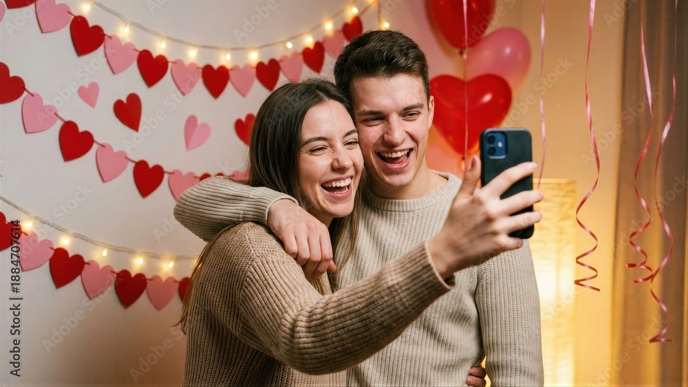 Obraz premium Happy woman and man taking a selfie, showing romantic celebration with heart decorations and balloons for Valentines Day or anniversary
