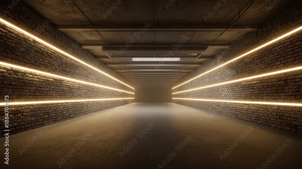 Fototapeta premium Abstract Long Exposure of a Dark Hallway with Neon Lights for Modern Designs